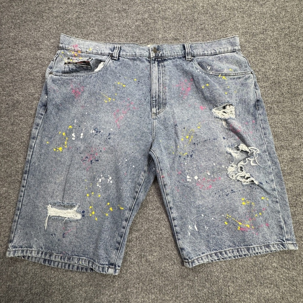 Jeanius Akademiks Denim Shorts Mens 44 Blue Paint Splatter Distressed Streetwear